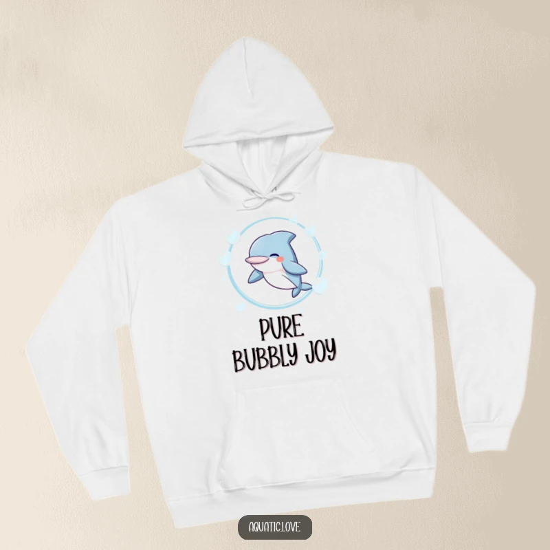 Funny Hoodie depicting a giggling dolphin character leaping playfully through a hoop of iridescent bubbles, embodying pure joy and freedom.