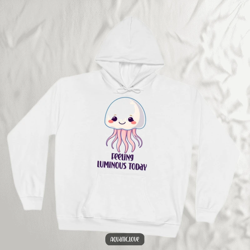 Funny hoodie featuring a smiling jellyfish character gently pulsating with soft light, perfect for cozying up with a warm glow.