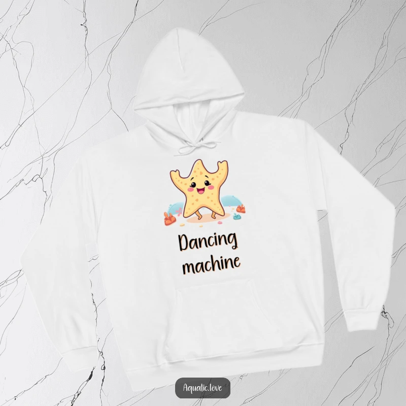 Funny hoodie depicting a smiling starfish with tiny, active legs dancing merrily on the seabed, bringing warmth and humor.