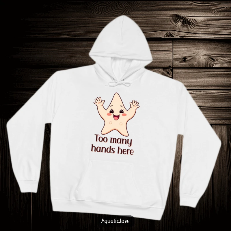 Funny hoodie featuring a cheerful starfish character enthusiastically waving all its arms, perfect for cozying up with a smile.