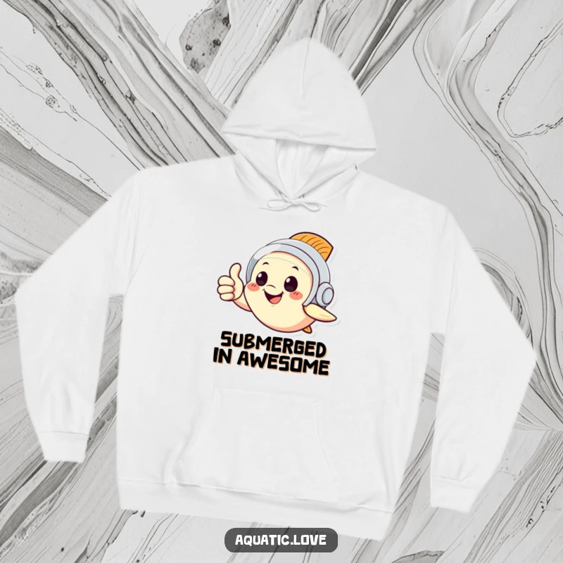 Funny hoodie with a happy fish in a tiny diving helmet giving a thumbs up, exuding positivity and a sense of adventure.