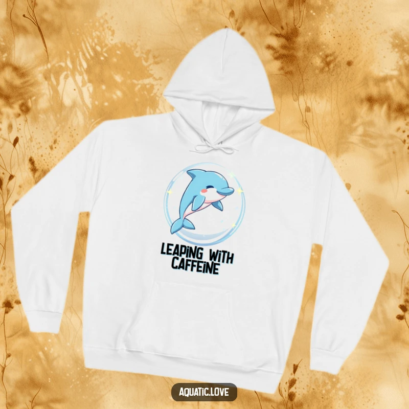Funny hoodie featuring a playful dolphin character leaping dynamically through a sparkling bubble arch, radiating energy and joy.