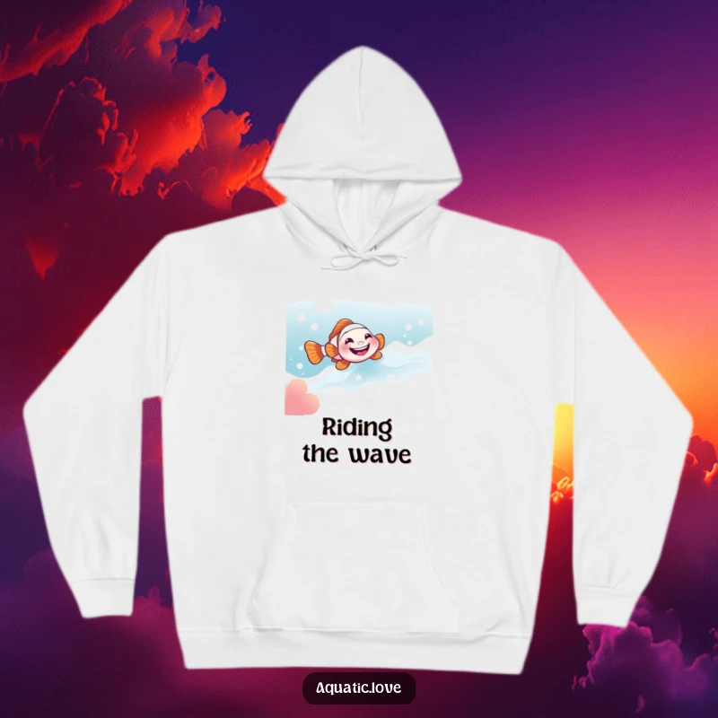 Funny hoodie featuring a delighted clownfish with a wide grin sliding down a bubbly current, perfect for cozy fun.