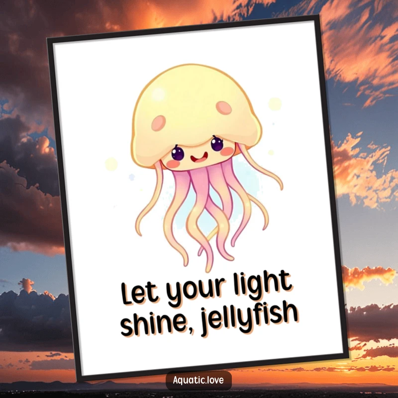 Funny Free Printable Wall Art: A happy jellyfish with softly glowing tendrils bobs cheerfully and serenely in the water.