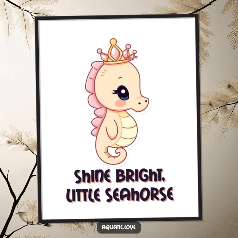 Funny Free Printable Wall Art: A curious seahorse wearing a tiny seashell crown peers thoughtfully into the distance.