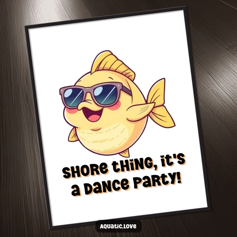 Funny Free Printable Wall Art: A cheerful fish character wearing sunglasses executes a hilarious, energetic dance, bringing joy.
