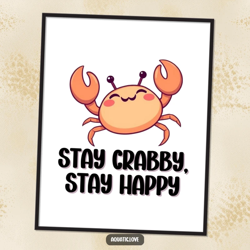 Funny Free Printable Wall Art: A giggling crab with claws held high scuttles happily sideways, bringing beach vibes.