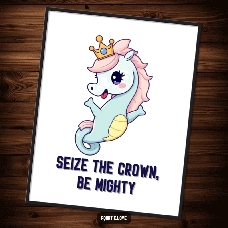 Funny Free Printable Wall Art: A happy seahorse character dramatically poses while wearing a small, elegant crown, exuding regality.