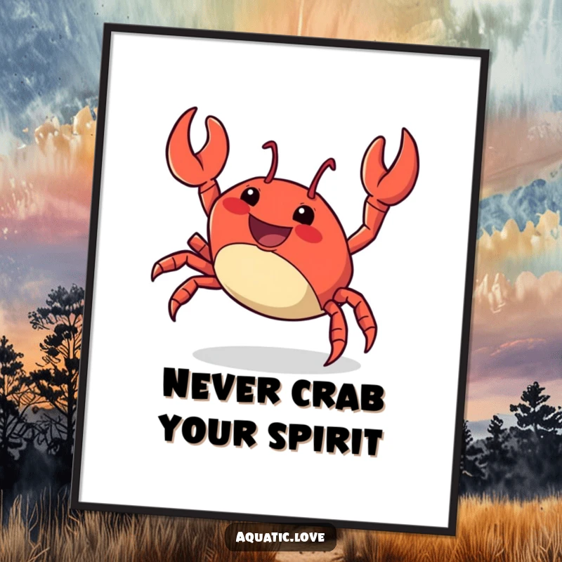 Funny Free Printable Wall Art: A delighted crab character performs a fast, energetic sideways scuttle across the sand.