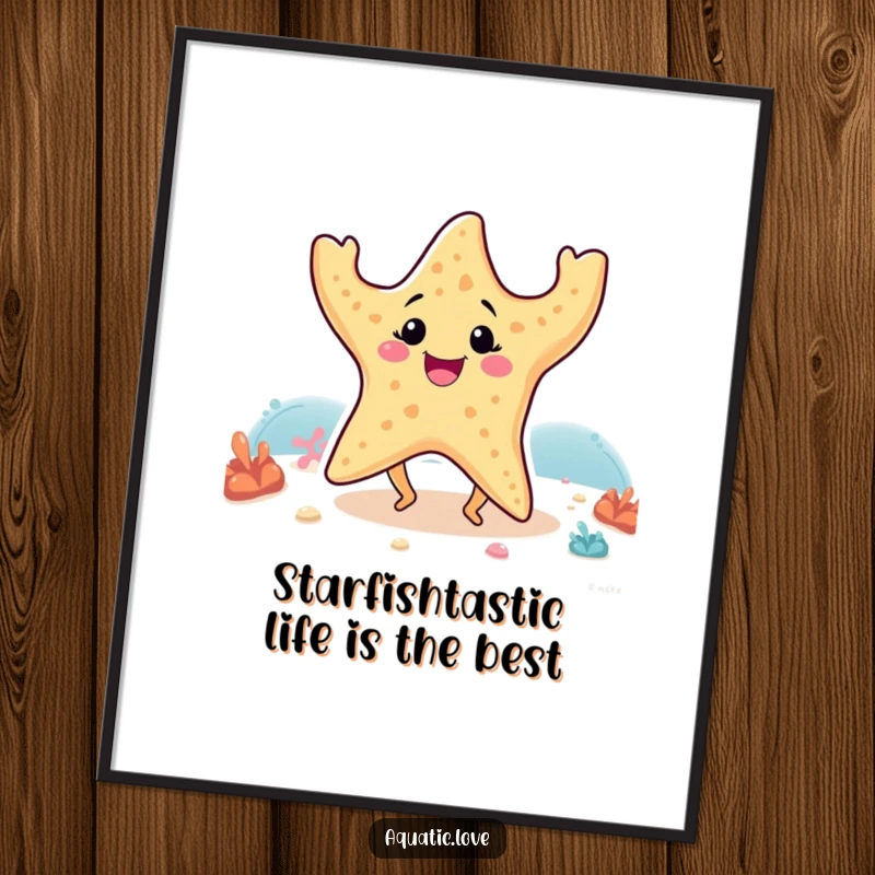 Funny Free Printable Wall Art: A smiling starfish with little legs showing off its happy dance moves on the seabed.