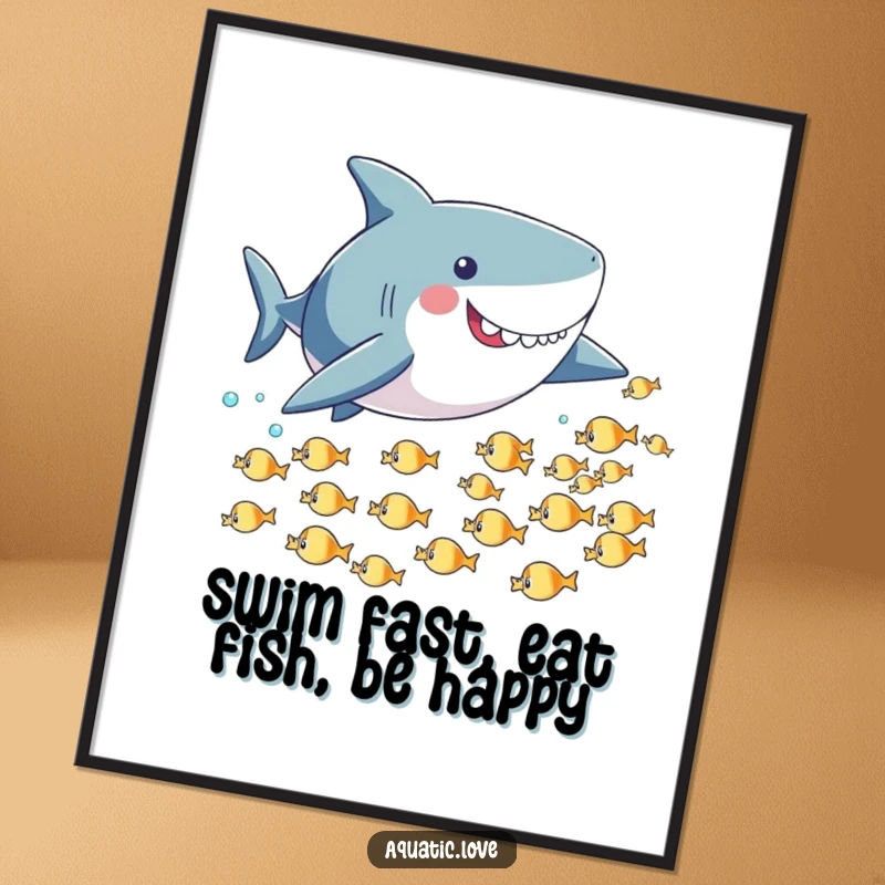 Funny Free Printable Wall Art: A playful shark with small fins humorously chases a shimmering school of tiny, darting fish.