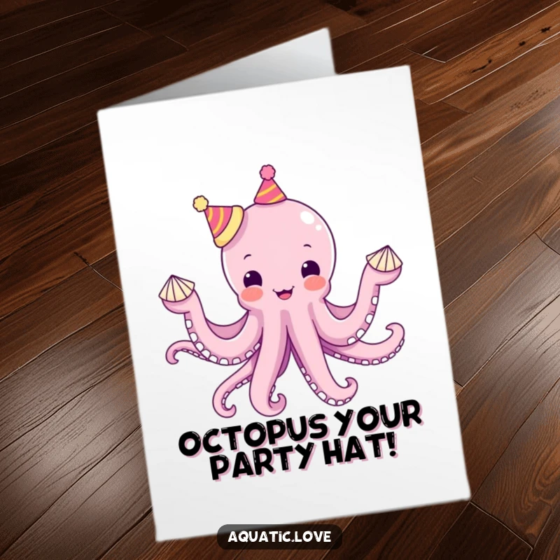 Funny Free Printable Birthday Card: Delighted octopus juggling seashells with tiny hats on each tentacle, celebrating.