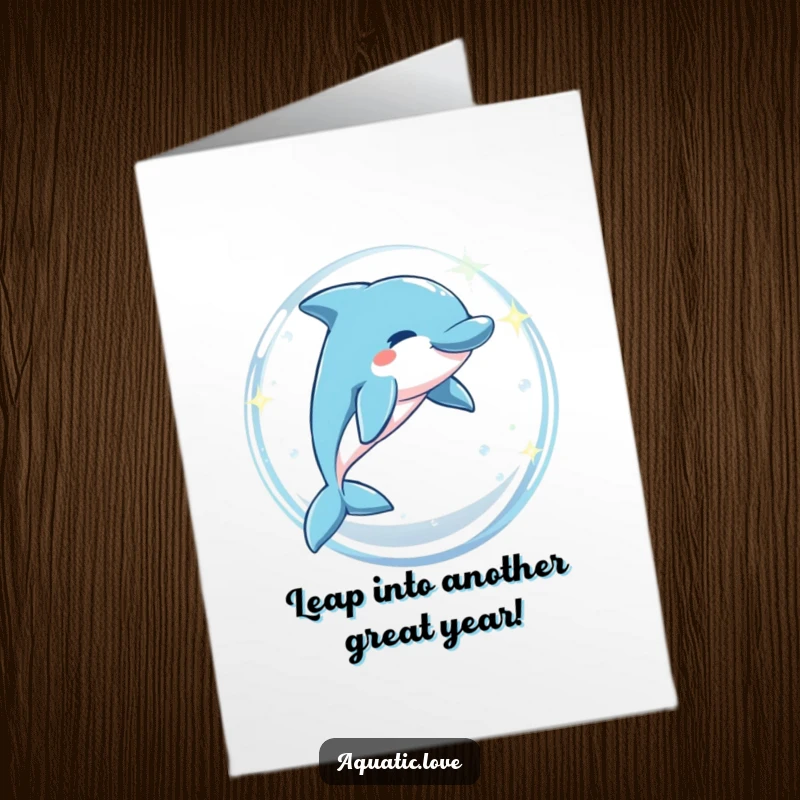 Free Printable Birthday Card: Playful dolphin leaping through a sparkling bubble arch, wishing a happy birthday with joy.