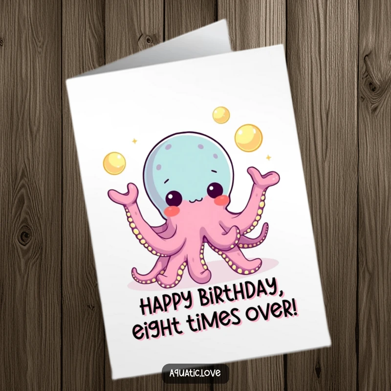 Free Printable Birthday Card: A playful octopus expertly juggles glowing pearls with its many tentacles, celebrating the day.