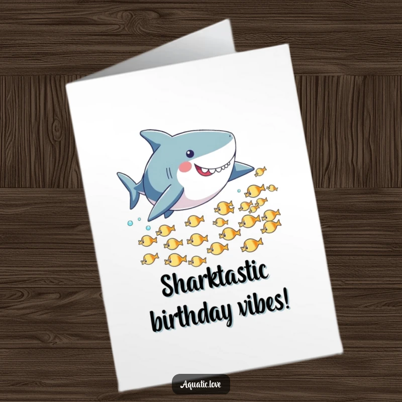 Funny Free Printable Birthday Card: A playful shark with tiny fins humorously chases after a school of small, fleeing fish.