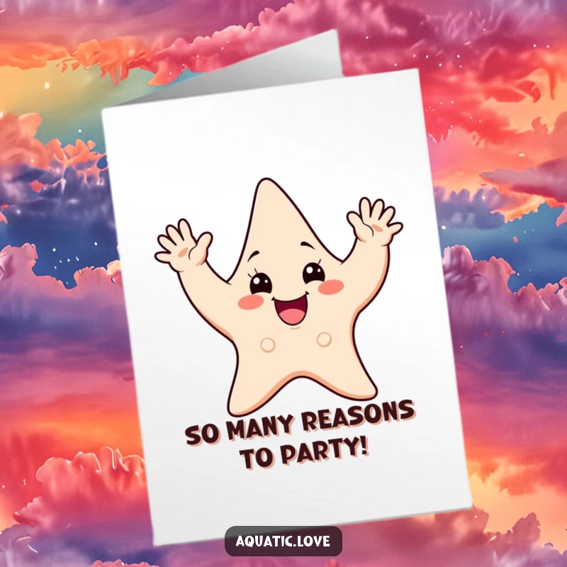 Free Printable Birthday Card: Cheerful starfish character enthusiastically waving all of its arms, celebrating a special day.