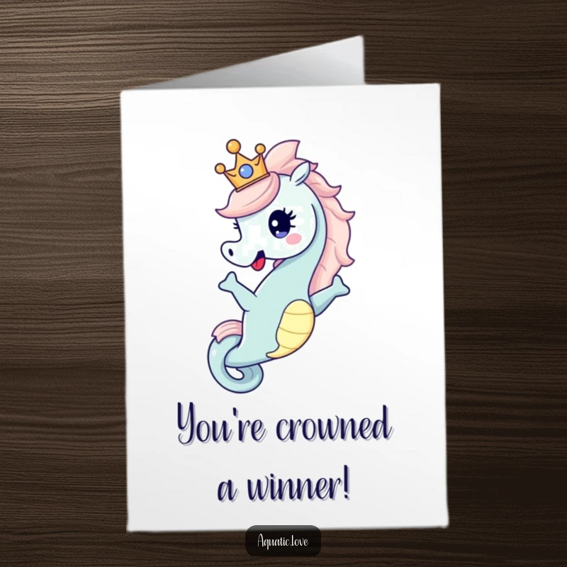 Funny Free Printable Congratulations Card: A majestic seahorse poses in a tiny crown, acknowledging your grand accomplishment with flair.