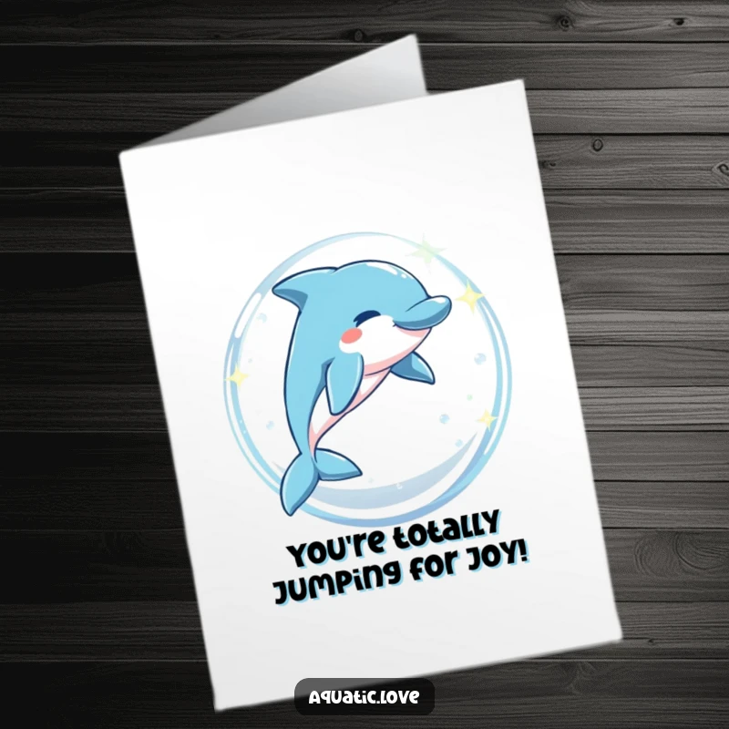 Free Printable Congratulations Card: A playful dolphin leaps joyfully through a sparkling bubble arch, celebrating success.