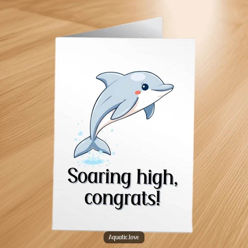 Funny Free Printable Congratulations Card: A playful dolphin leaps high from sparkling water, trailing bubbles in excitement.