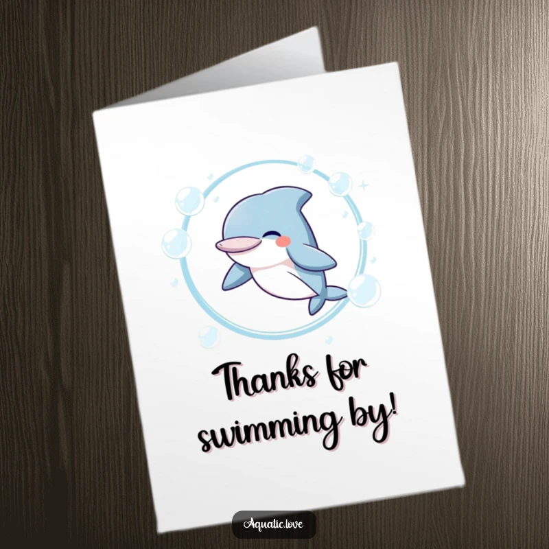 Funny Free Printable Thank You Card: A cheerful dolphin giggles while leaping through a bubble hoop, expressing sincere thanks.