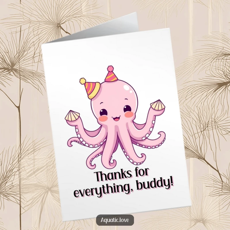 Funny Free Printable Thank You Card: Delighted octopus juggles seashells, tiny hats on tentacles, saying thanks.
