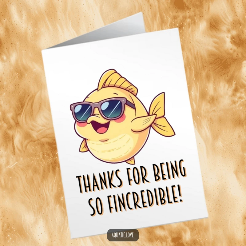 Funny Free Printable Thank You Card: A fish in tiny sunglasses doing a comical dance, showing appreciation with pure joy.