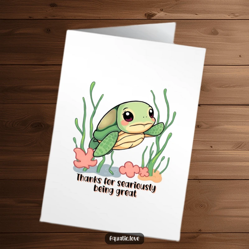 Funny Free Printable Thank You Card: A curious sea turtle determinedly swims through colorful, playful seaweed.
