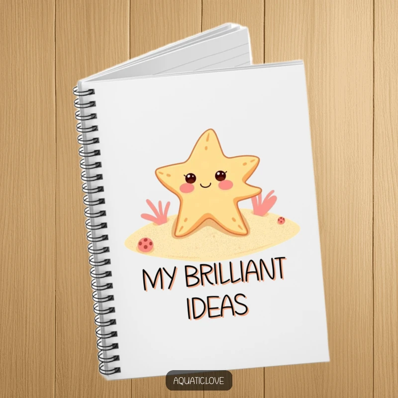 Funny starfish notebook with a cheerful winking creature wearing flippers, designed for jotting down notes with oceanic humor.