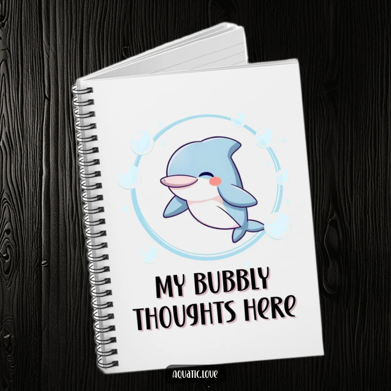 Funny Notebook with a giggling dolphin character leaping through a hoop of bubbles, perfect for jotting down happy thoughts and plans.