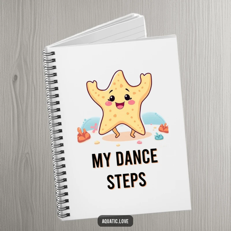 Funny notebook with a smiling starfish doing a happy dance with its small legs on the seabed, perfect for creative writing.