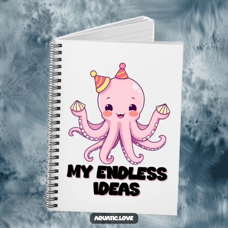 Funny octopus notebook with a delighted creature juggling seashells with tiny hats on each tentacle, designed for jotting notes with whimsy.