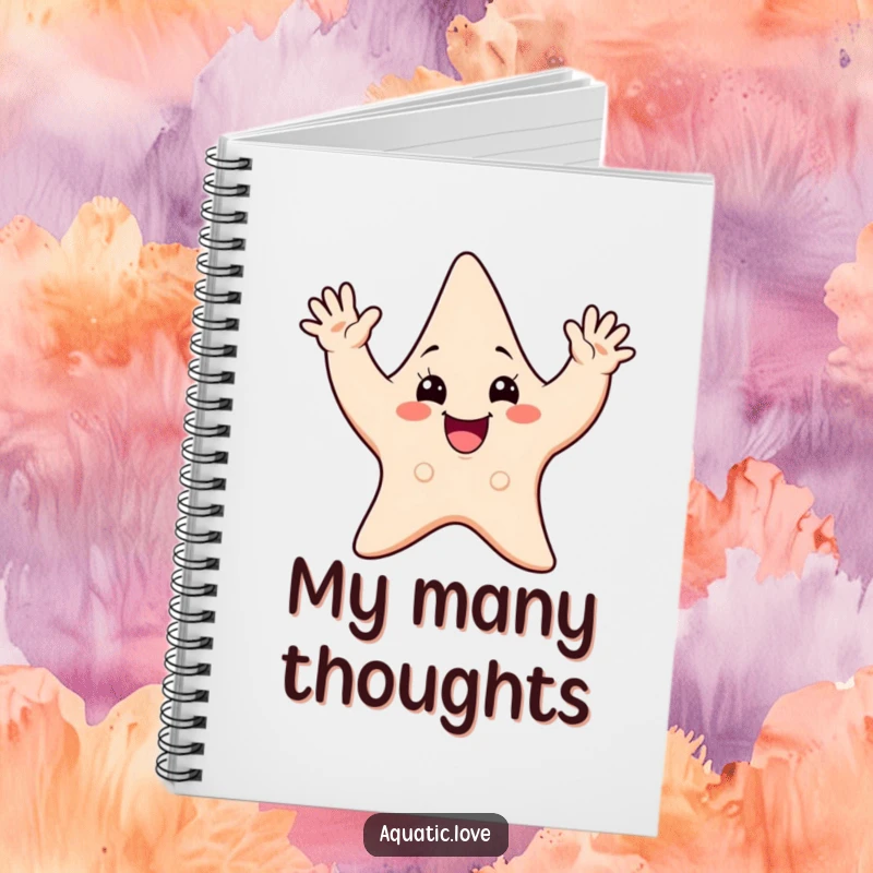 Funny notebook with a cheerful starfish character waving all its arms enthusiastically, ideal for jotting down notes with a smile.