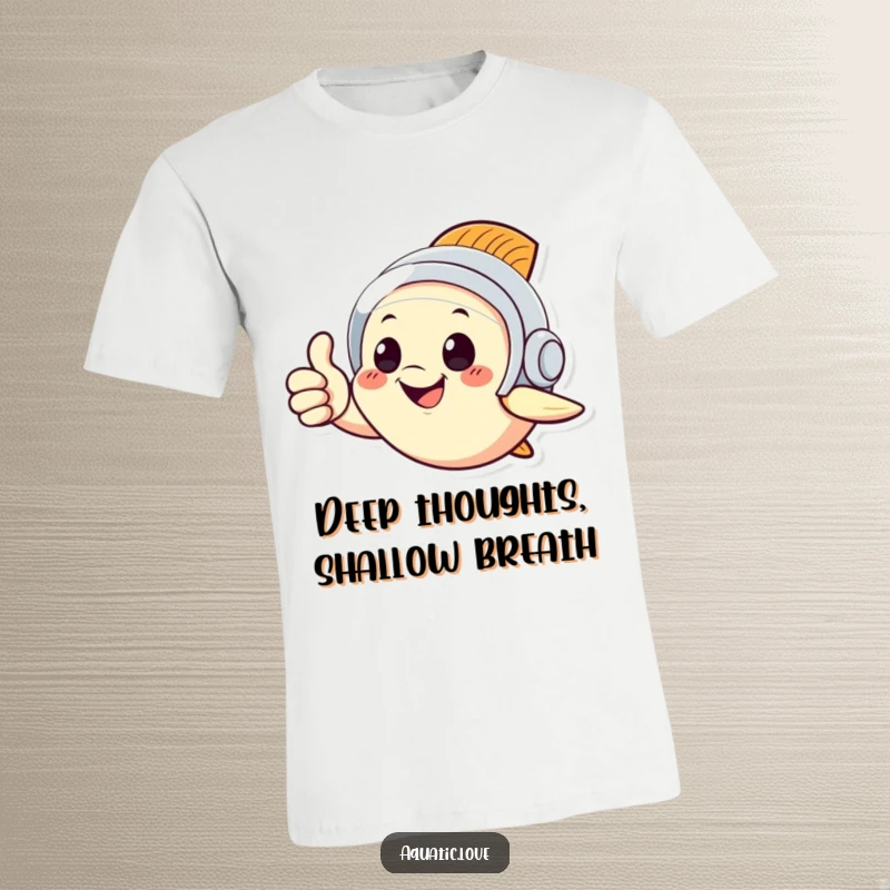 Funny t-shirt showcasing a cheerful fish in a miniature diving helmet, giving an enthusiastic thumbs up, a symbol of pure happiness.