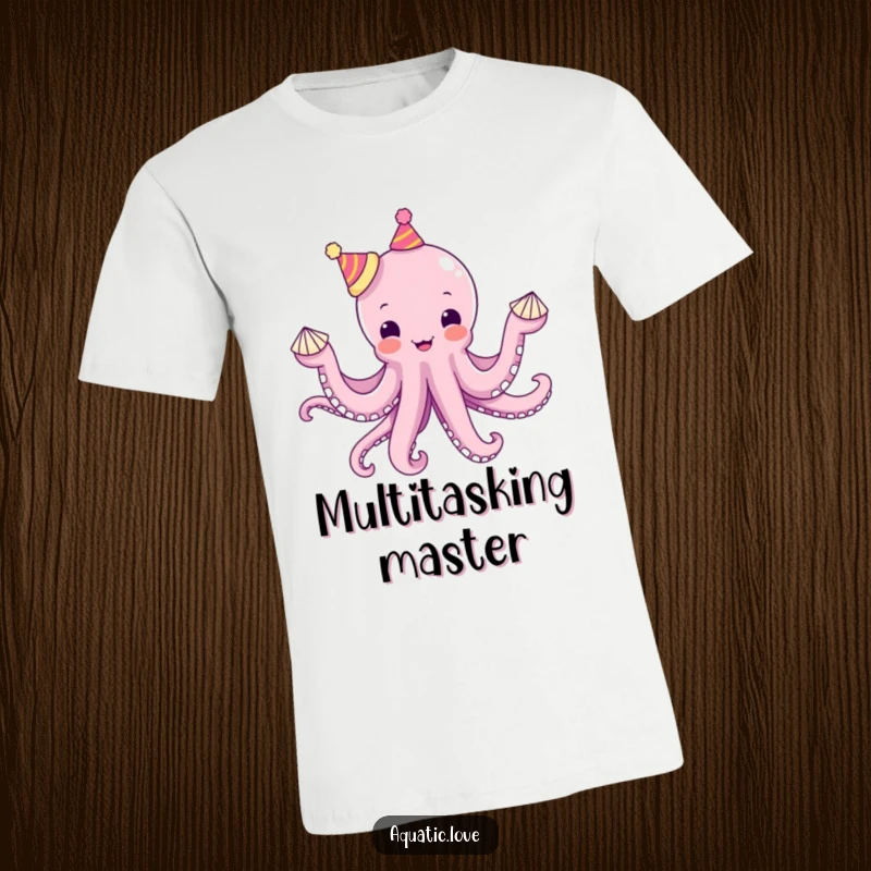 Funny octopus t-shirt depicting a delighted creature wearing tiny hats on each tentacle and juggling seashells, showcasing playful ocean humor.