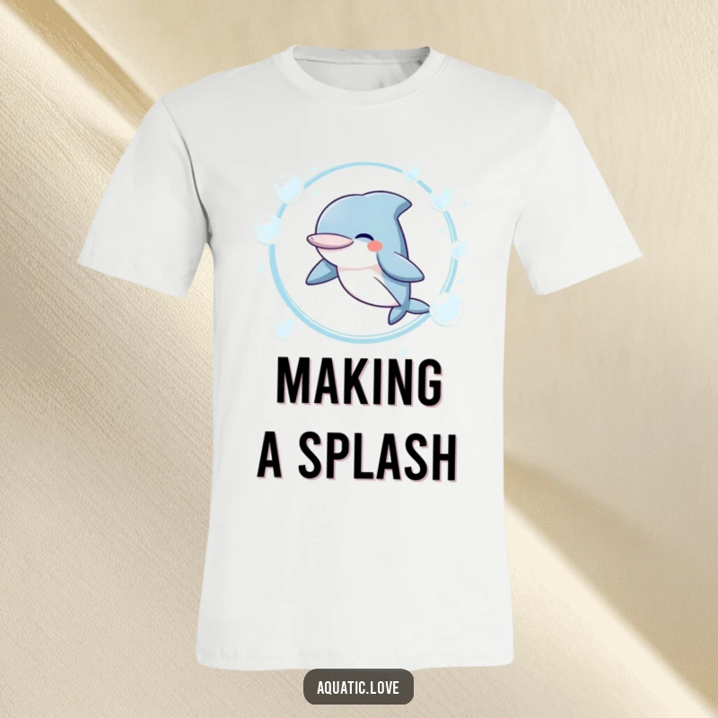Funny T-Shirt showing a giggling dolphin character in mid-air, leaping through a perfectly formed hoop of bubbles with a happy expression.