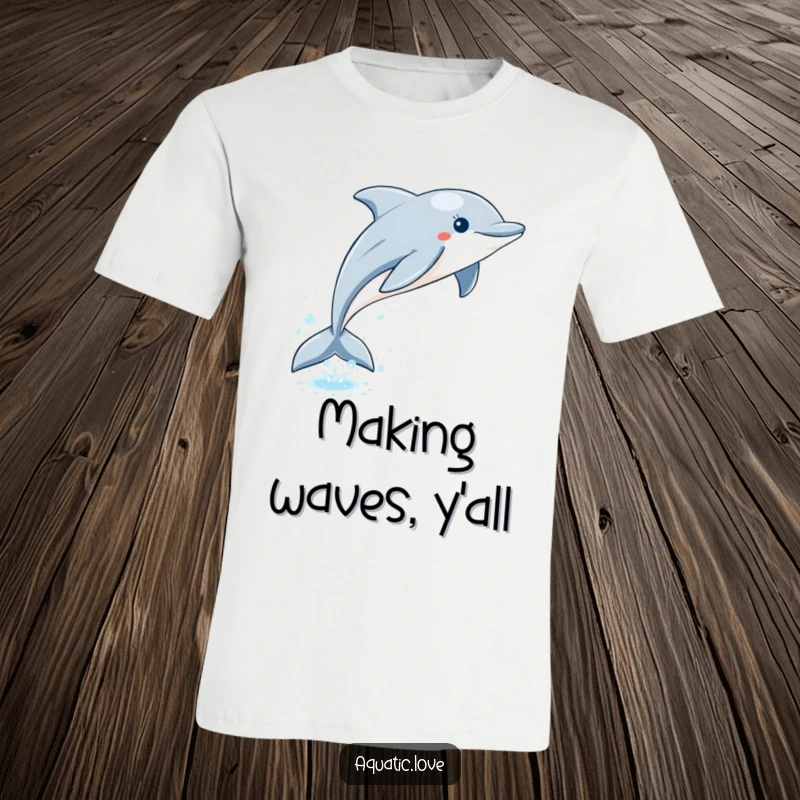 Funny dolphin t-shirt illustrating a playful leap from sparkling water, creating a humorous bubble trail, perfect for ocean enthusiasts.