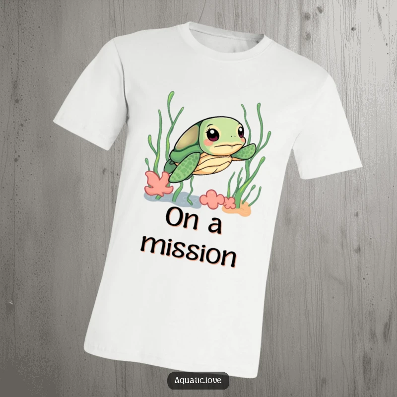 Funny t-shirt depicting a curious sea turtle with a determined look, skillfully navigating through vibrant, playful seaweed.