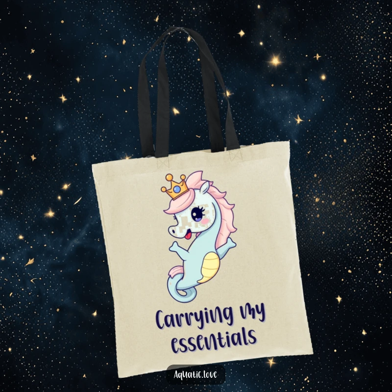 Funny Tote Bag showcasing a happy seahorse character dramatically posing with a tiny crown, perfect for carrying treasures with regal flair.