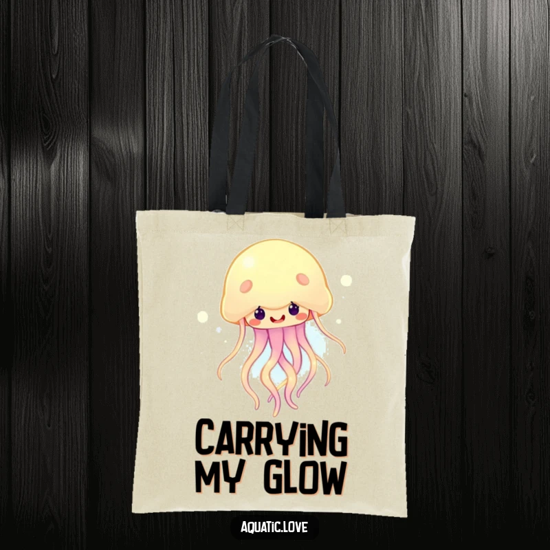 Funny tote bag featuring a happy jellyfish with glowing tendrils, bobbing cheerfully, perfect for carrying your items with a radiant touch.