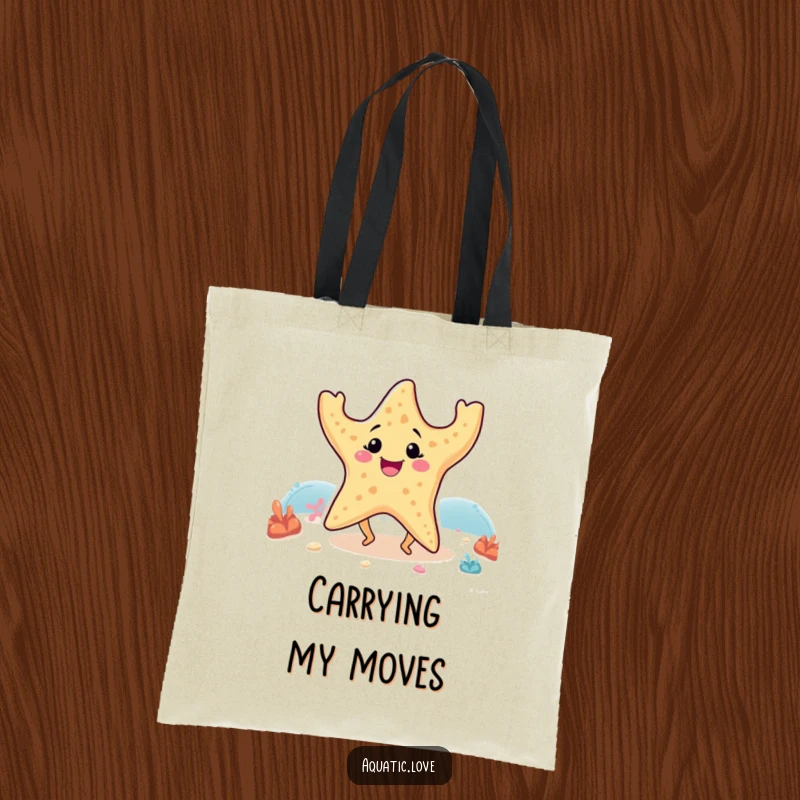 Funny tote bag featuring a smiling starfish with small legs dancing joyfully on the seabed, perfect for carrying essentials with humor.
