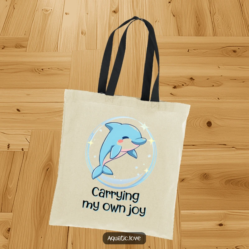 Funny tote bag with a playful dolphin leaping through a sparkling bubble arch, perfect for adding whimsy to errands.