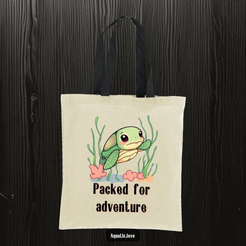 Funny tote bag showcasing a curious sea turtle with a determined look navigating through playful seaweed, perfect for carrying your treasures.
