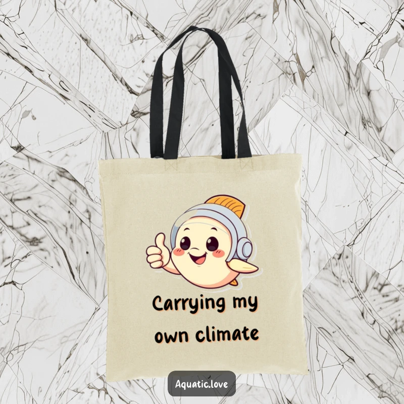 Funny tote bag with a smiling fish in a diving helmet giving a thumbs up, perfect for adding humor to everyday tasks.