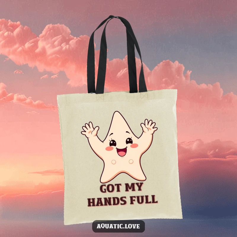 Funny tote bag with a cheerful starfish character waving all its arms enthusiastically, perfect for carrying essentials with a smile.
