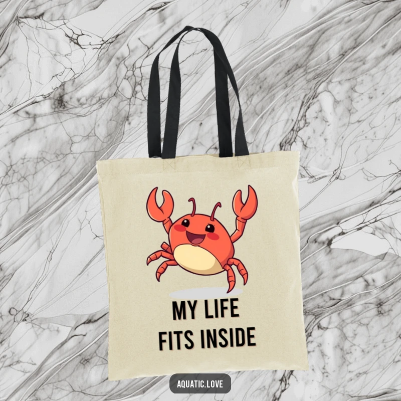 Funny Tote Bag showcasing a delighted crab character energetically scuttling sideways, ready for beach trips or daily adventures.